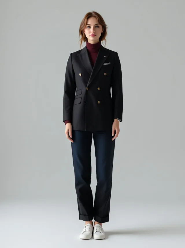 The same model wearing the double-breasted blazer