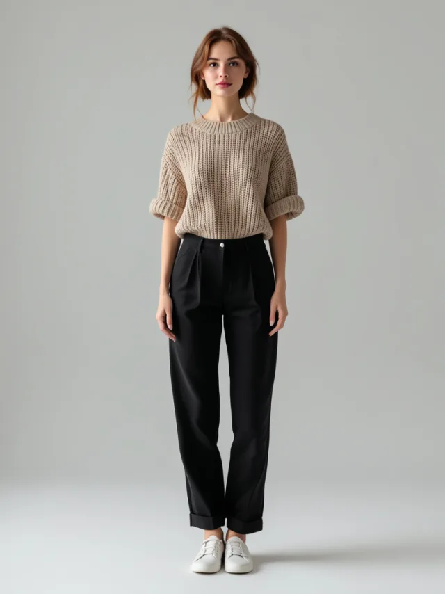 The same model wearing the cable knit sweater