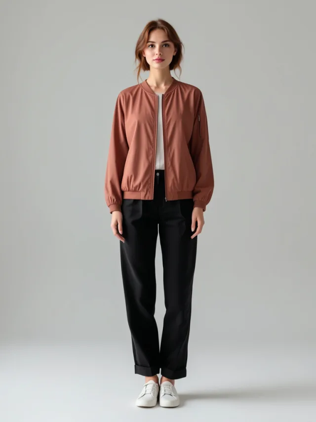 The same model wearing the bomber jacket