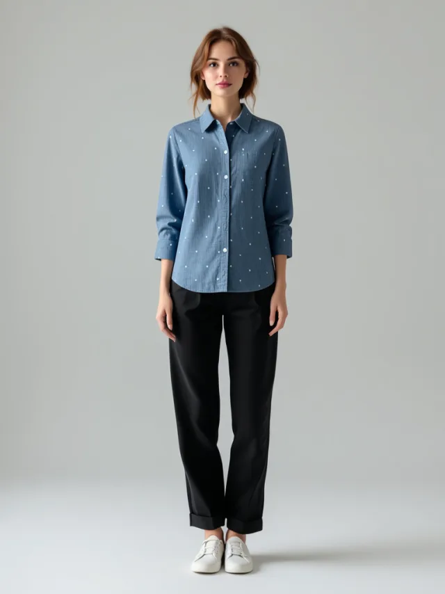 The same model wearing the chambray shirt